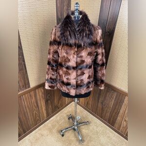 BEAUTIFUL BROWN MINK SECTIONS & FOX COLLAR TRIM FUR COAT JACKET SIZE XS